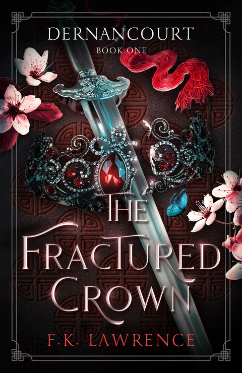 The Fractured Crown, Dernancourt Book One by F.K. Lawrence: a sword laid across a jewelled crown among cherry blossom